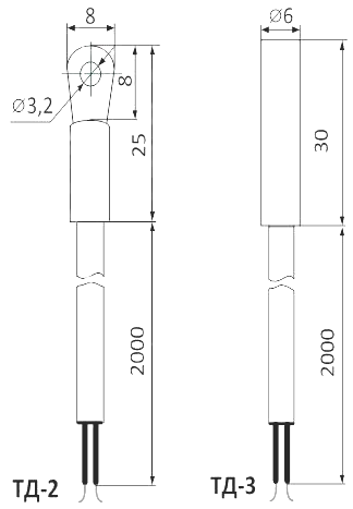 Габаритные размеры датчиков температуры ТД-2, ТД-3 (термодатчиков)