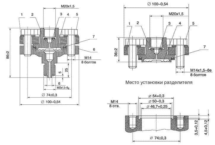 Габаритные и присоединительные размеры разделителя мембранного РМ-5322