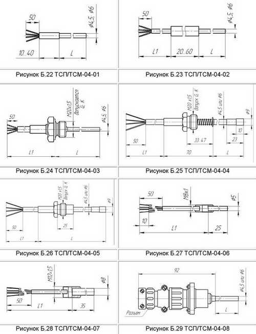 Габаритные размеры термопреобразователей сопротивления ТСМ-04, ТСП-04