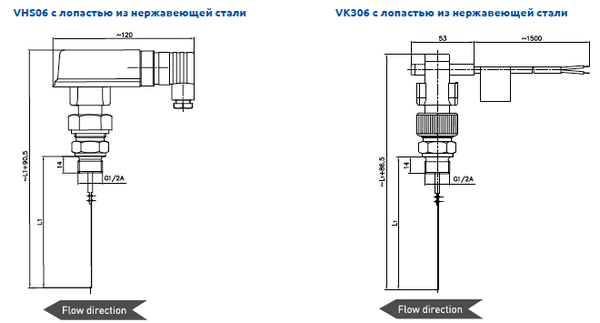 Габаритные размеры-2 реле потока VHS06, VK306 (c лопастью из нержавеющей стали)