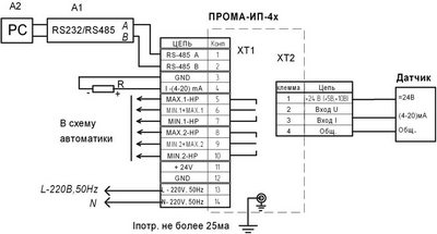 Измеритель параметров ПРОМА-ИП-4, схема подключения датчиков с токовым выходом