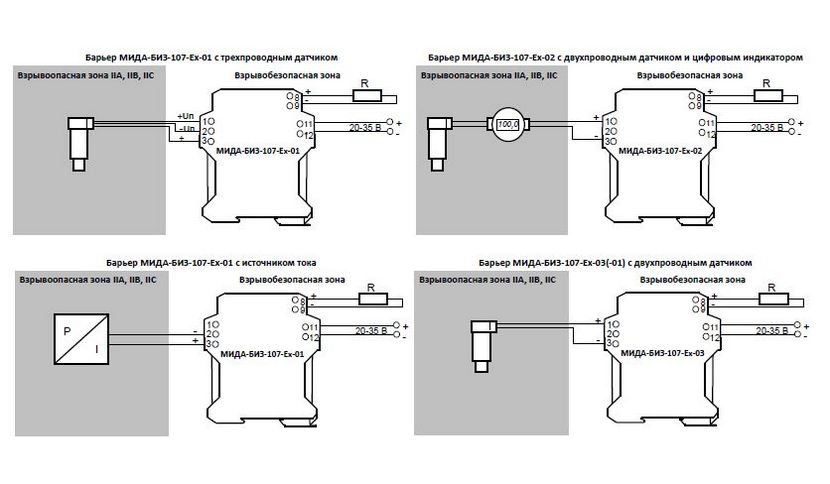 Схема соединений барьеров искрозащиты МИДА-БИЗ-107-Ех-01,-02,-03